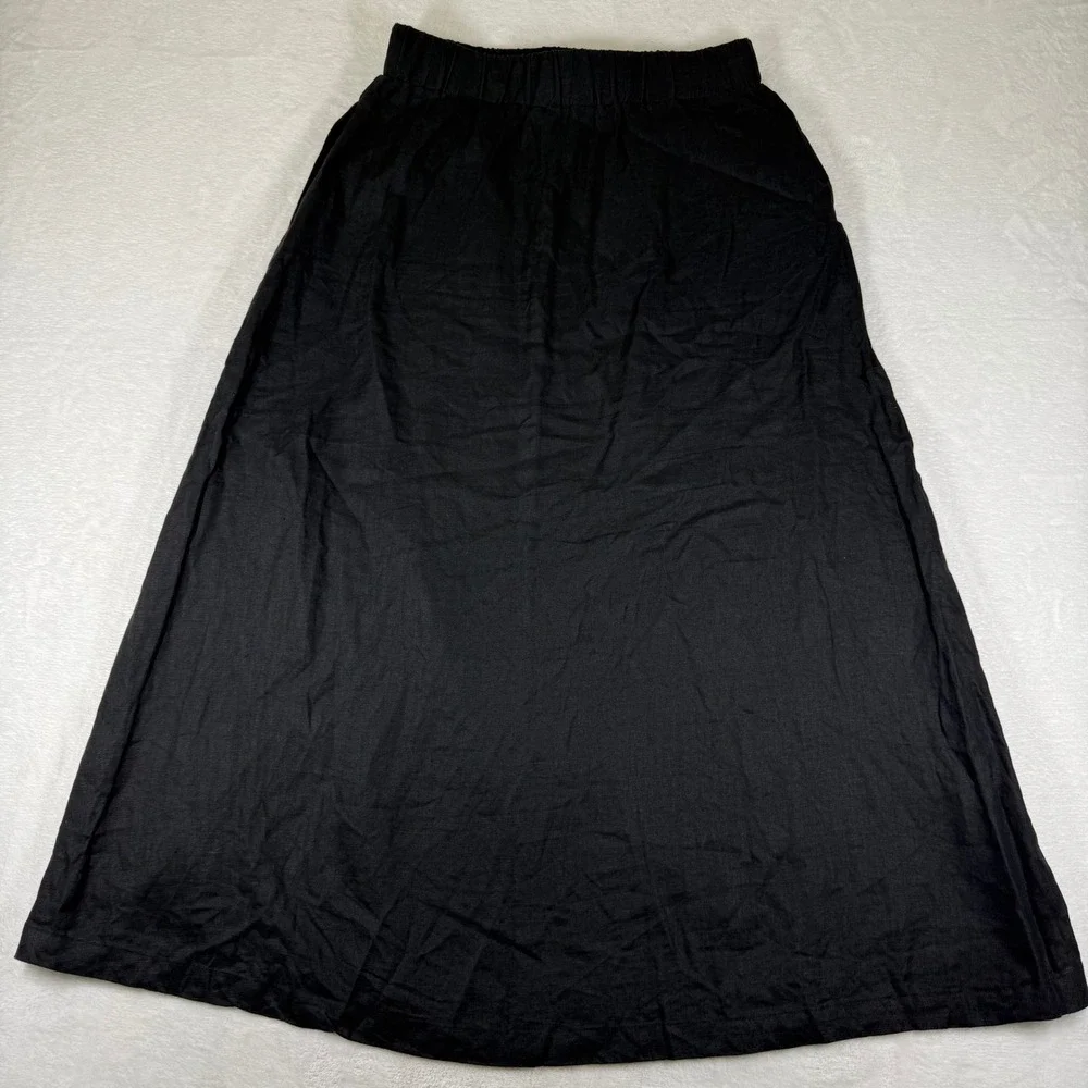 Quince 100% European Linen Maxi Skirt Black Side Slit Pockets Small MIVN004